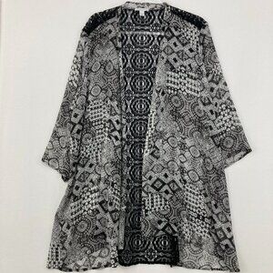 Susan Graver size XL Black White Geometric Boho Lace Open Front Light Kimono